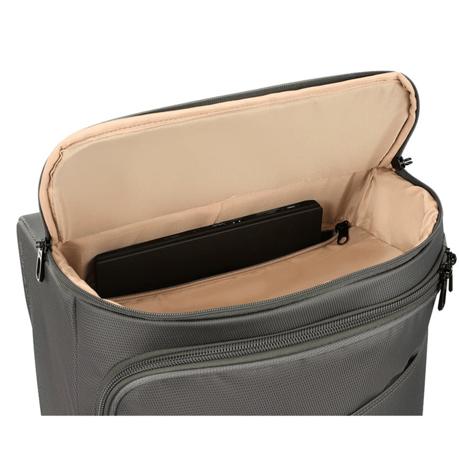 A grey wheeled duffle bag with an open top revealing a tan interior and a black item inside. It has a logo.