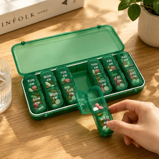 A green seven-day pill organiser with individual compartments for morning and evening doses, sitting on a wooden surface.