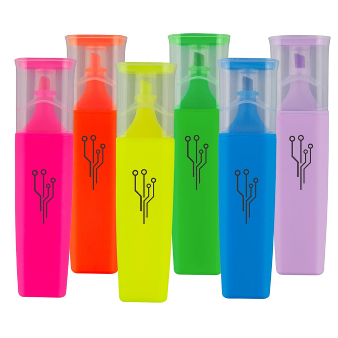 A range of highlighters in vibrant pink, orange, green, yellow, blue, and purple with a logo on each.