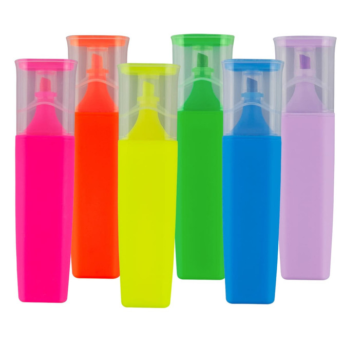 A set of six highlighters in bright colours: pink, orange, yellow, green, blue, and purple, each with a protective cap.
