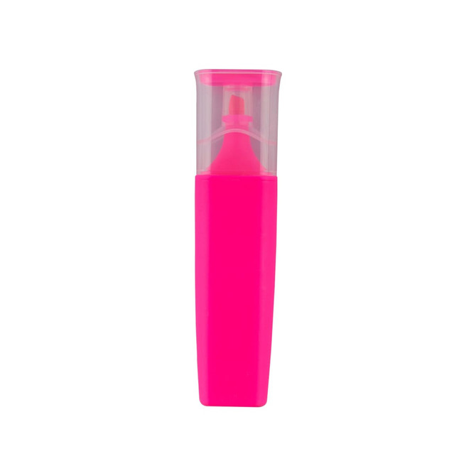 A pink highlighter with a clear cap, featuring a logo on the side.