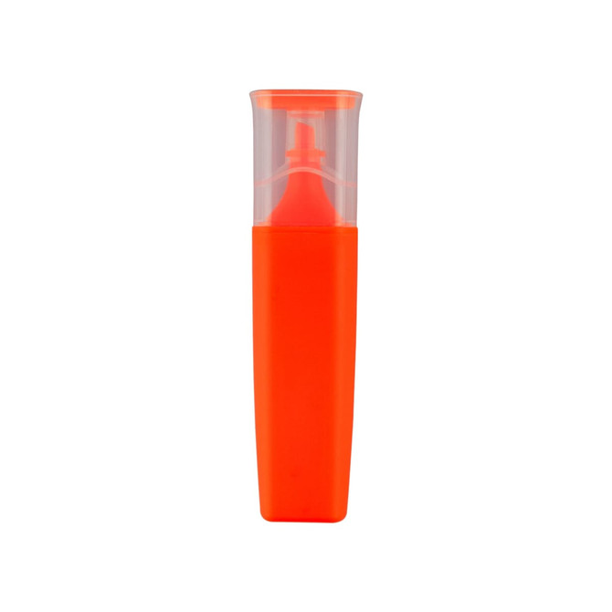 An orange highlighter in a clear case with a rounded top, featuring a logo on the side.