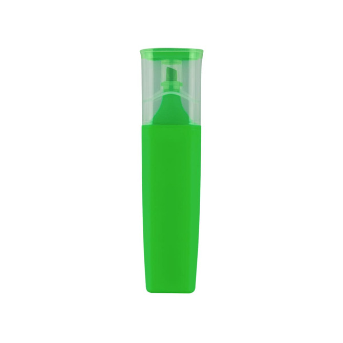 A green highlighter with a transparent cap, featuring a sleek, modern design and a logo.
