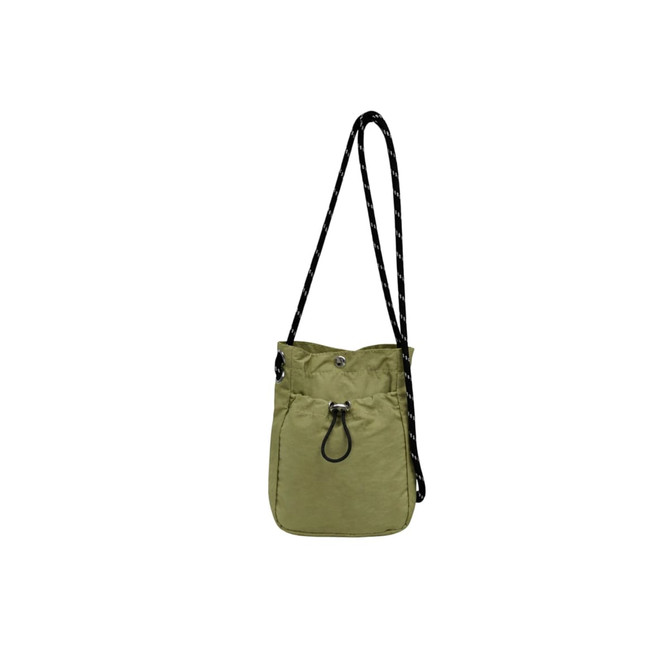 A lightweight shoulder bag in olive green with a black adjustable strap and a drawstring closure.