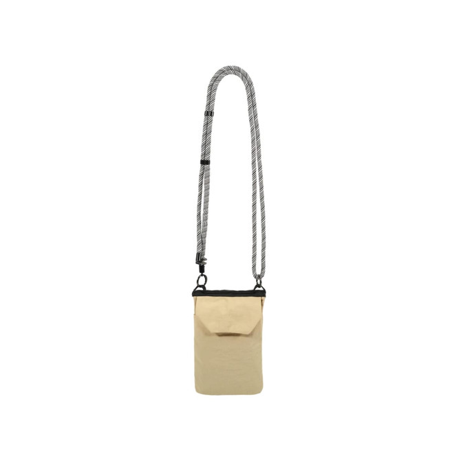 A minimalist crossbody phone bag in beige with a patterned strap and a flap closure. It features a logo.
