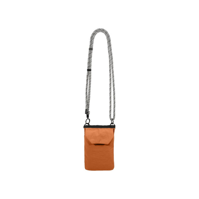 An orange minimalist crossbody phone bag with a patterned strap and a front pocket. It features a logo.