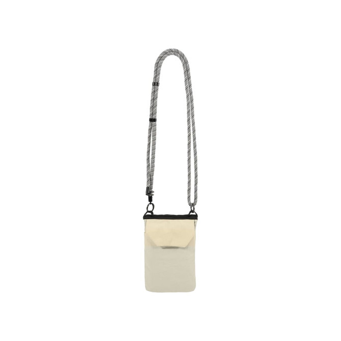 A minimalist crossbody phone bag in cream colour with a patterned strap and a flap closure. Features a branding logo.