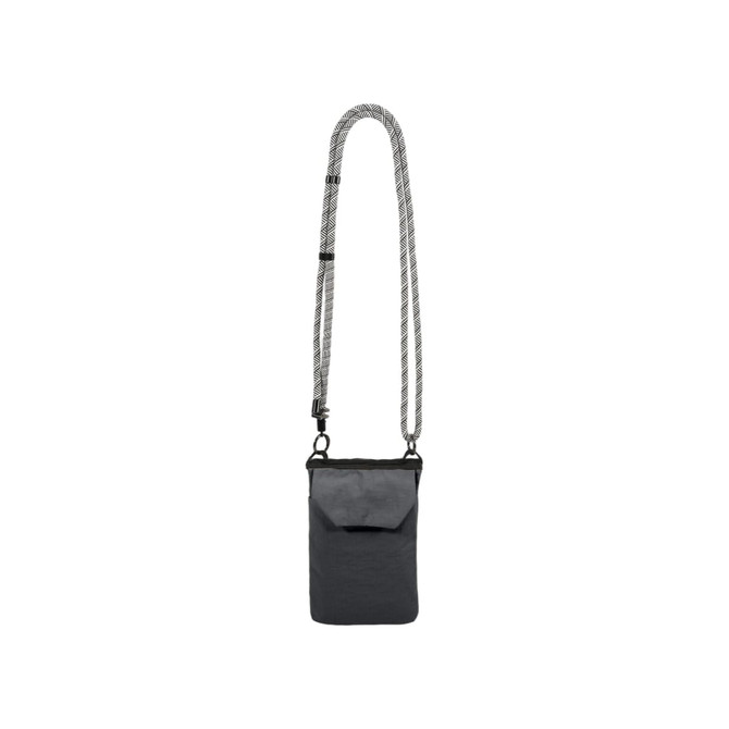 A minimalist grey crossbody phone bag with a patterned strap and a front pocket. It features a logo.