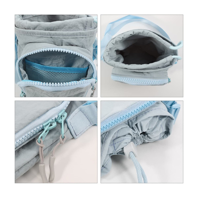 A drink bottle holder in light grey with a blue strap and zippered compartments for storage. Features a mesh pocket.