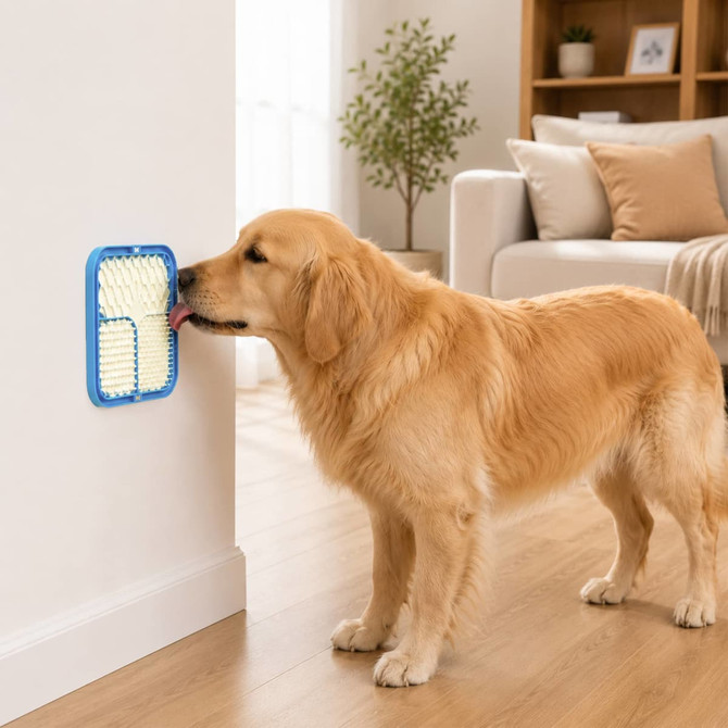 A golden retriever interacting with a blue, textured 3-section lick mat on a wall in a bright, modern interior.