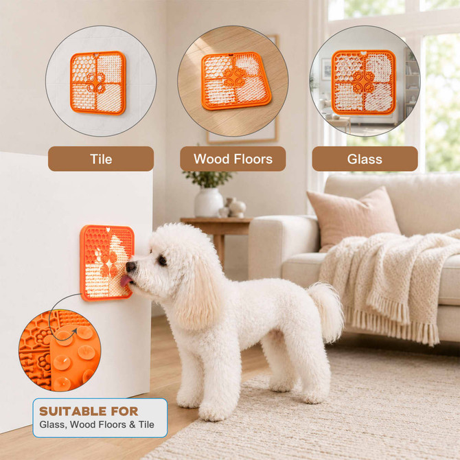 An orange 4-section dog enrichment lick mat with textured designs, suitable for tile, wood floors, and glass surfaces.
