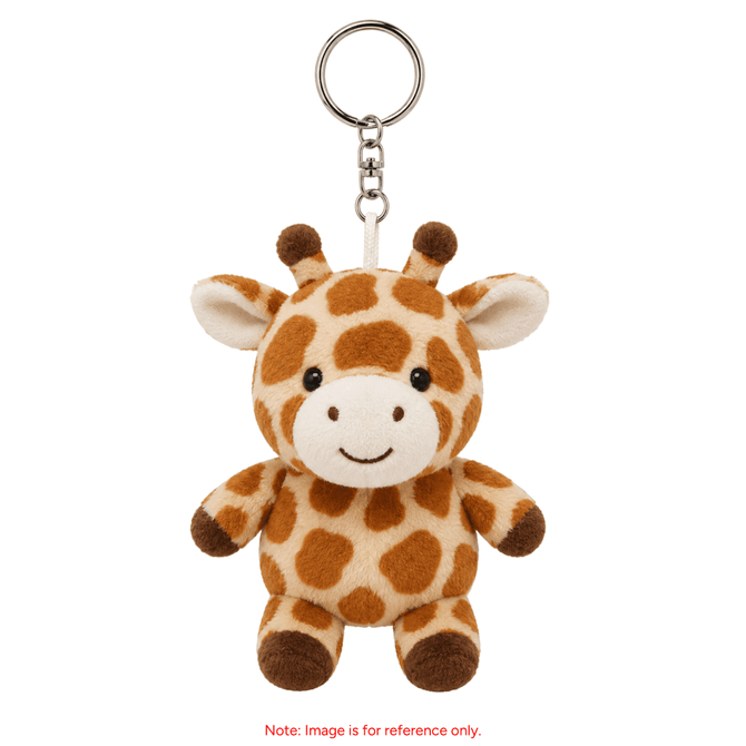 A plush giraffe keyring in brown and cream with a happy expression, featuring a metal keychain attachment.