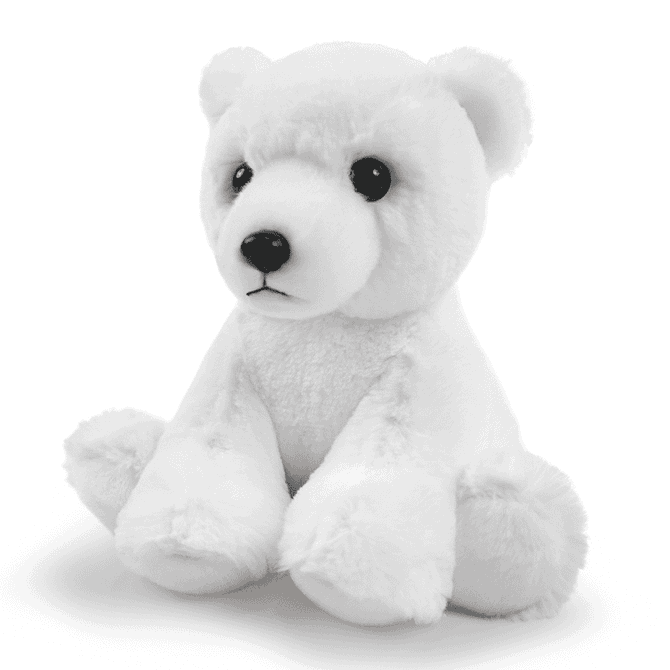 A white plush toy resembling a bear, featuring detailed facial features and soft textures. It has a small branding logo.