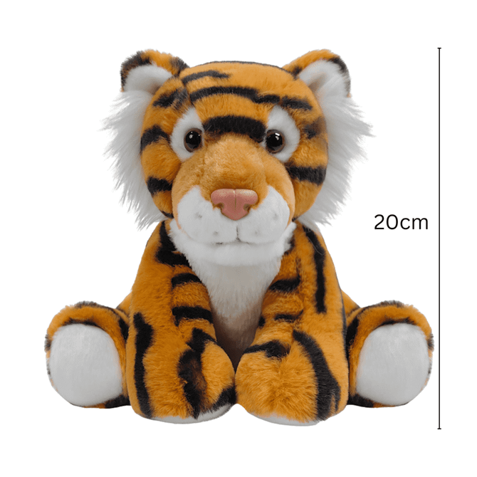 A custom plush toy in the shape of a tiger, featuring orange fur with black stripes and white accents. Measures 20cm.
