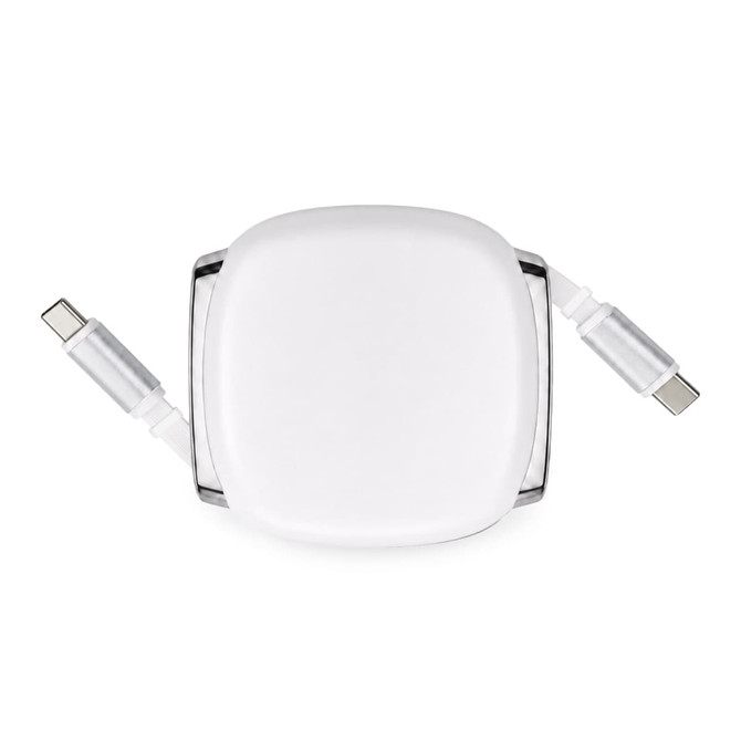 A white, rectangular retractable cable with two USB-C connectors and a metallic finish. It has a logo on the casing.