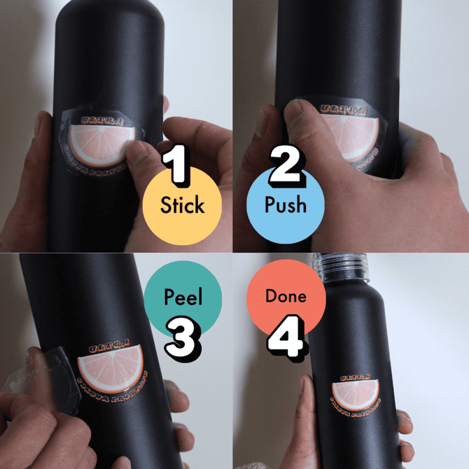 A black drink bottle with a colourful decal being applied, demonstrating four steps of the application process.