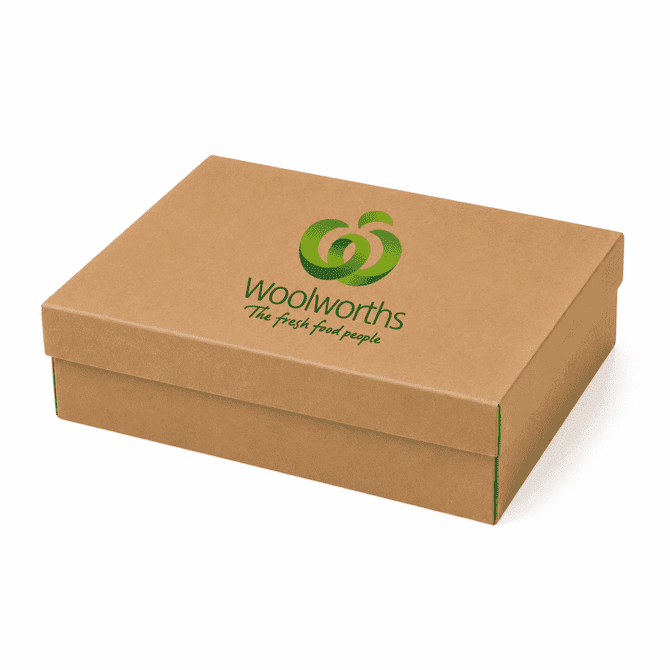 A natural cardboard gift box in a medium size with a logo on the front.