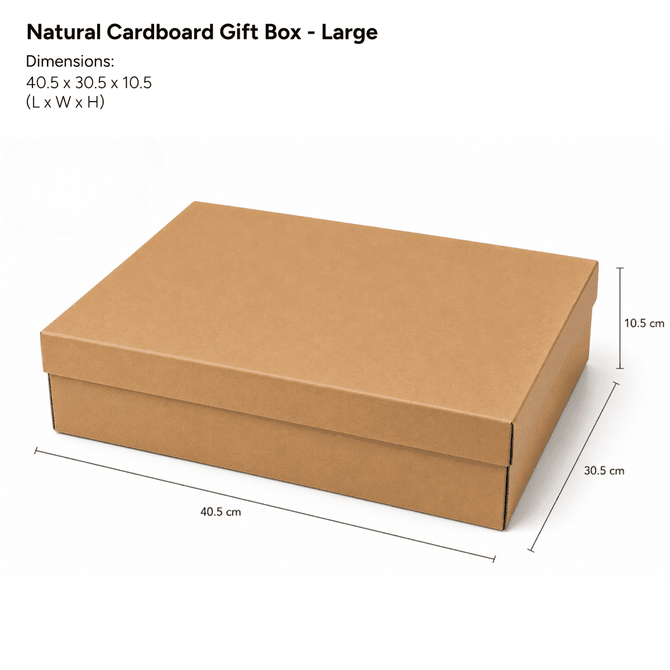 A large natural cardboard gift box in a brown hue, with specified dimensions visible.