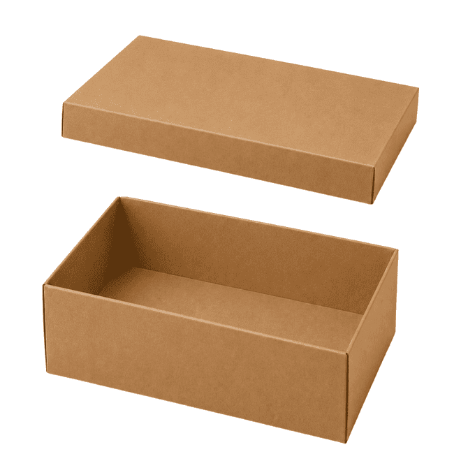 A large natural cardboard gift box next to its lid, showcasing a simple, brown design.