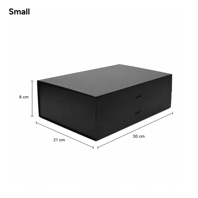 A small black magnetic gift box with a ribbon, measuring 30 cm x 21 cm x 8 cm. It features a logo.