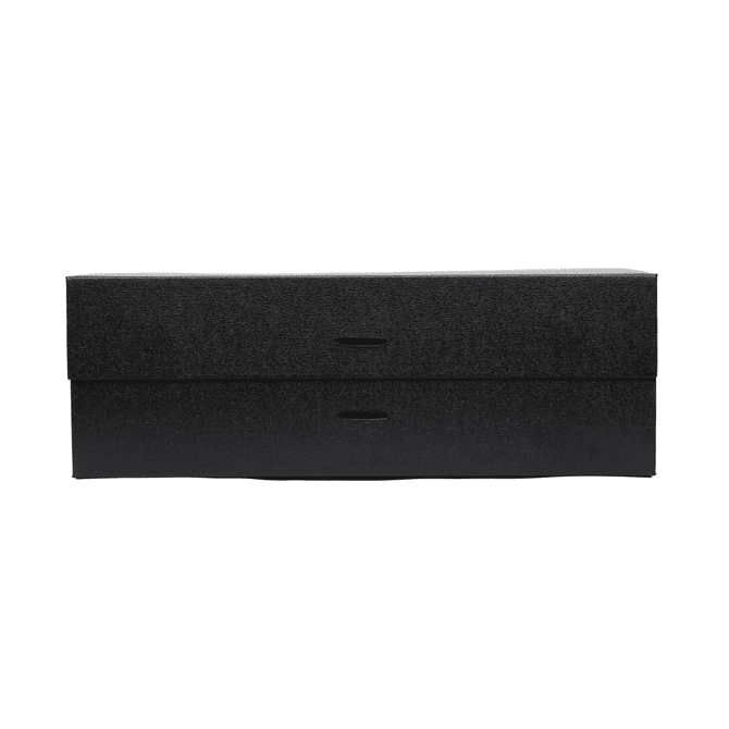 A small, black full-colour magnetic gift box with a ribbon, featuring cut-out handles.