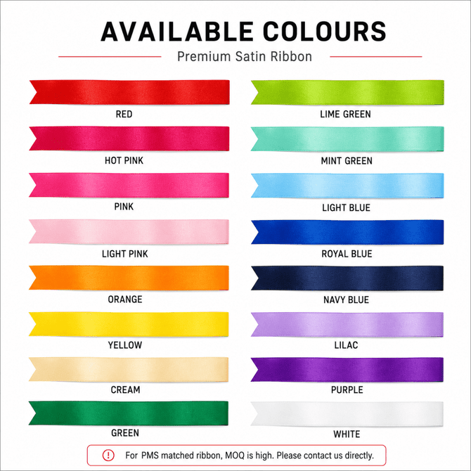 A selection of premium satin ribbon swatches in multiple colours, including red, pink, green, blue, and yellow.