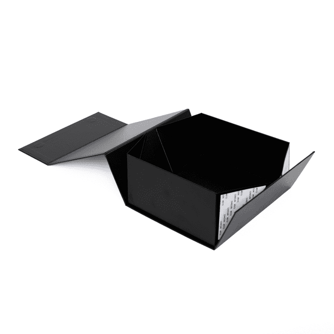 A medium, full colour black gift box with an open lid and a ribbon. Contains a branded interior design.