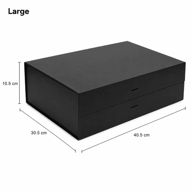A large black magnetic gift box with measurements of 40.5 cm by 30.5 cm and a height of 10.5 cm.