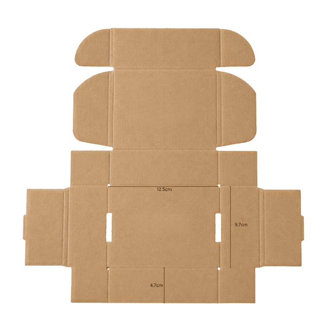 A brown cardboard die-cut packaging box with a locking lid, measuring 12.5×9.7×4.7 cm.