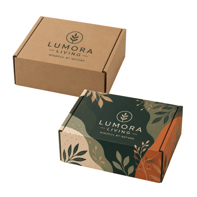 Two die-cut packaging boxes in natural brown and a colourful floral design, both featuring a logo.