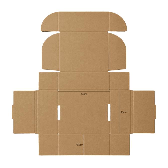 A die-cut packaging box in brown cardboard, measuring 13×13×6.5 cm, with a locking lid design.