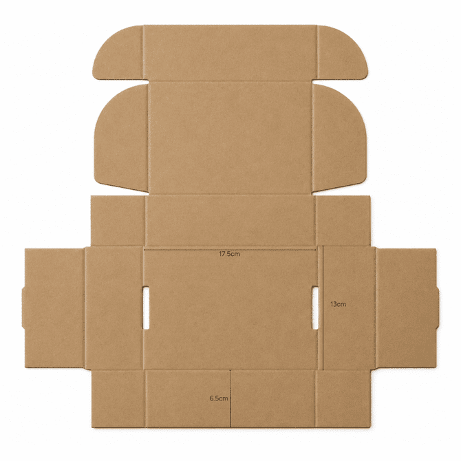 A die-cut packaging box in brown, featuring a locking lid and measured at 17.5×13×6.5 cm.