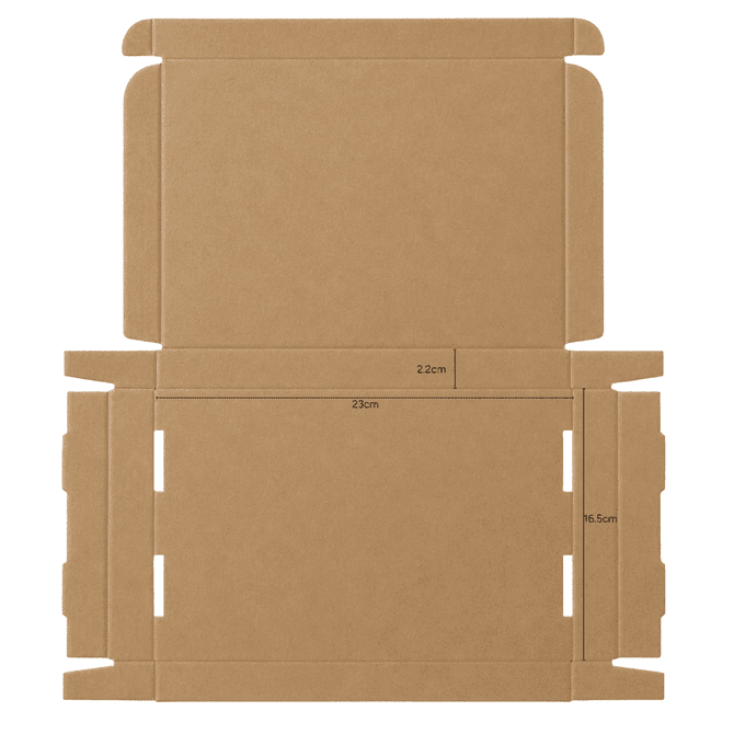 A brown die-cut packaging box with locking lid, measuring 23×16.5×2.2 cm. Features a logo on the surface.