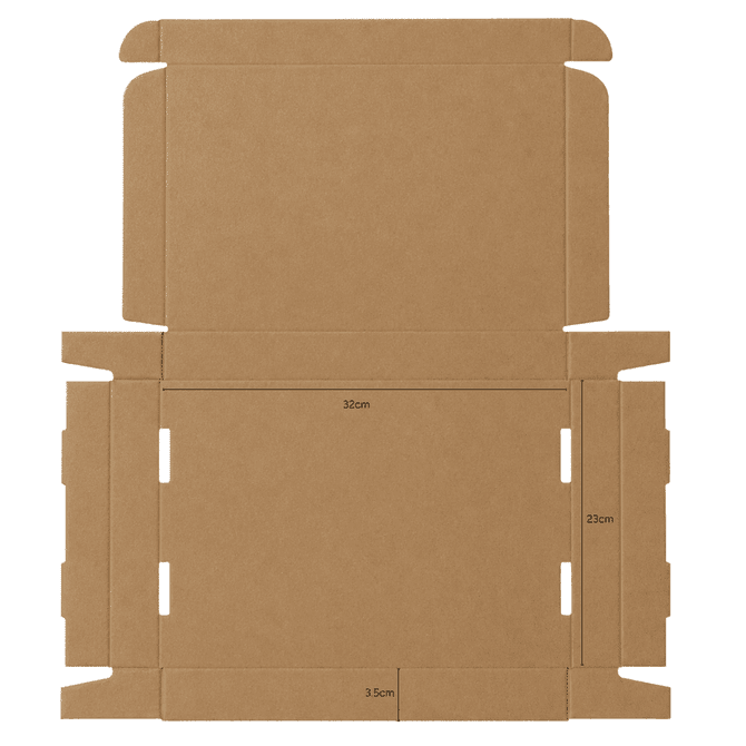 A brown die-cut packaging box with a locking lid, measuring 32×23×3.5 cm, featuring a logo.