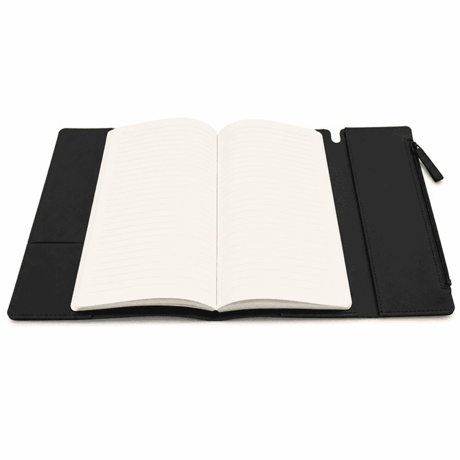A black soft-touch PU leather notebook featuring an empty lined interior and a zippered pocket on the side.