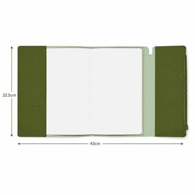 An olive green soft-touch PU leather notebook with an elastic closure, two inner pockets, and a zippered compartment.