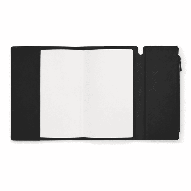 A black executive soft-touch PU leather notebook featuring a blank interior and a pocket for storing items.