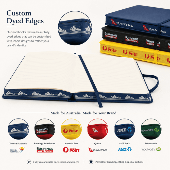 A hard cover notebook with textured blue PU, featuring custom dyed edges and a ribbon bookmark. Includes a logo.