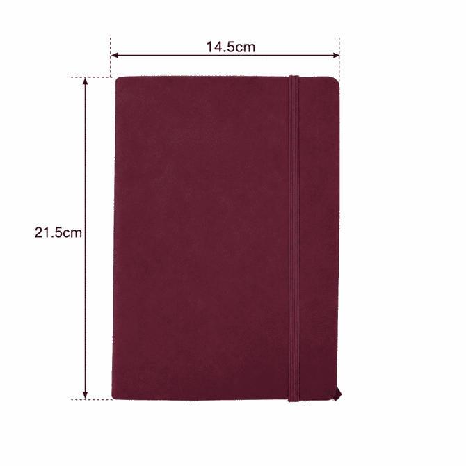 A burgundy textured PU hard cover notebook with elastic closure and dimensions of 14.5cm by 21.5cm.