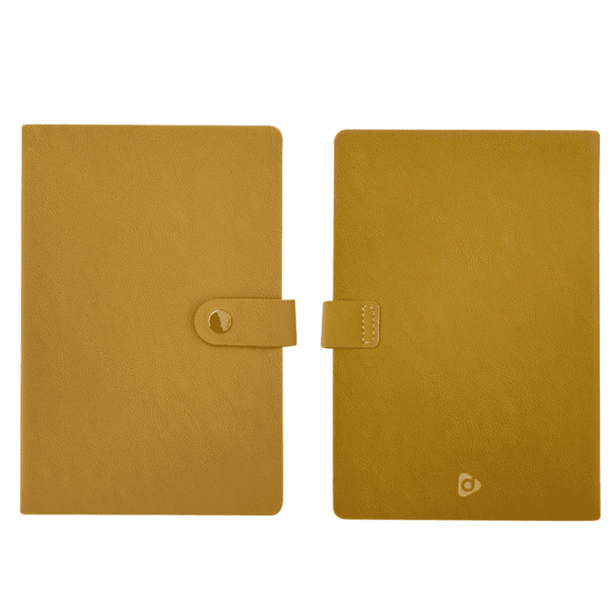 A prestige hardcover notebook gift set in a vibrant yellow colour, featuring a clasp closure and a logo.