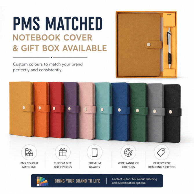A gift set featuring a hardcover notebook and pen in various colours, presented in a customisable gift box with a logo.
