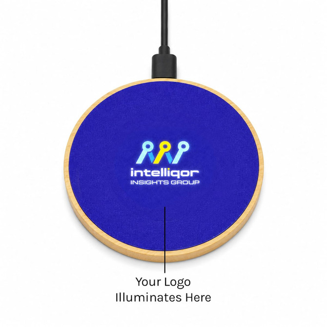 A wireless charger in blue with a wooden base and a logo area that lights up.
