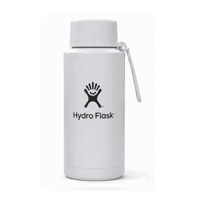 A drink bottle in white with a logo, featuring a screw-top lid and a carrying strap.