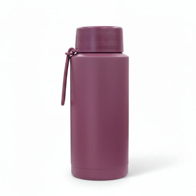 A drink bottle in a muted mauve hue with a sleek design and a carry strap, featuring a logo.