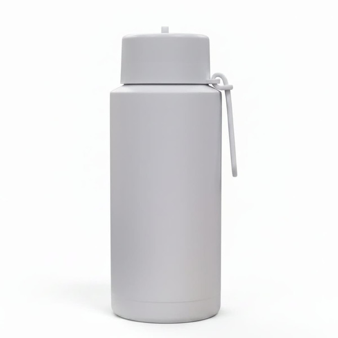 A drink bottle in smooth white with a secure cap and loop for carrying. It features a logo.