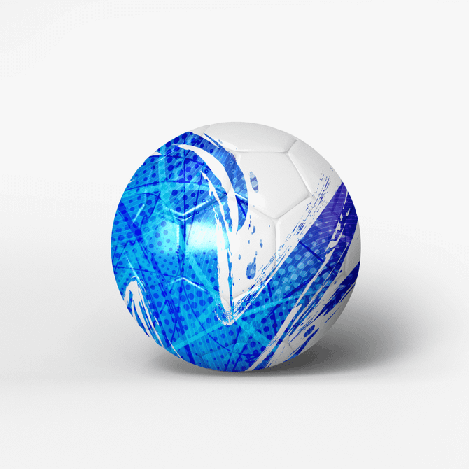 A soccer ball with a white base and blue abstract designs, featuring a logo on the surface.