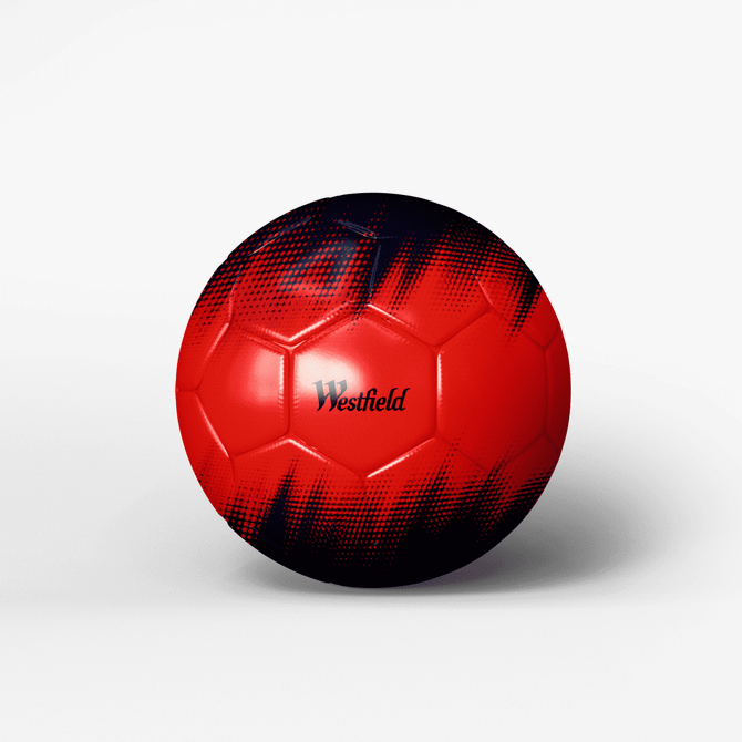 A red and black soccer ball with a textured surface and a logo on it.