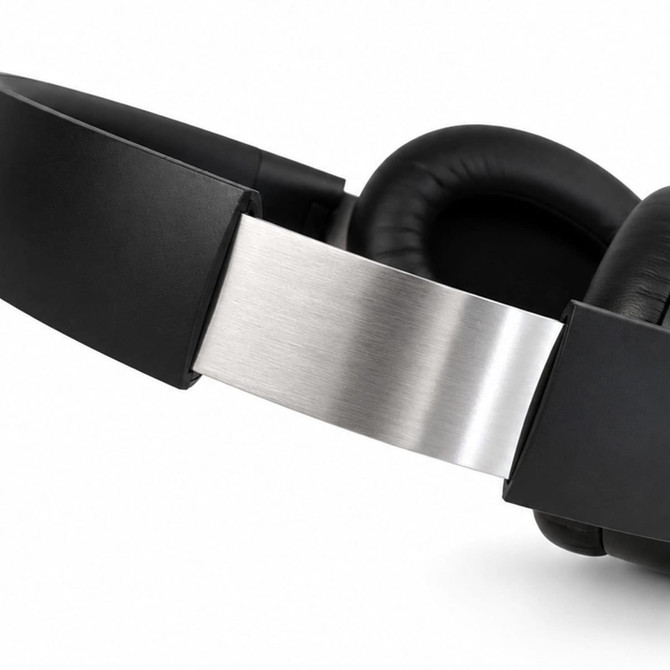 Aero by Nomis headphones in black with a silver band and cushioned ear pads. Features a sleek design and branding.