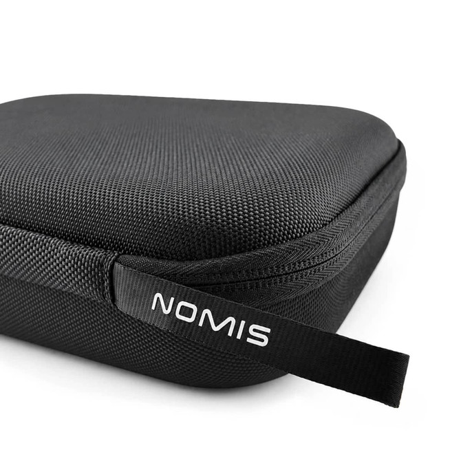 A black protective case for headphones featuring a branded zipper pull. The texture is ribbed and durable.