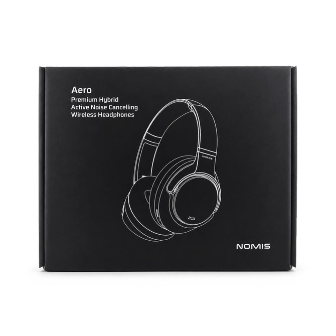 Aero by Nomis wireless headphones in black packaging, featuring a simple line drawing of the product.